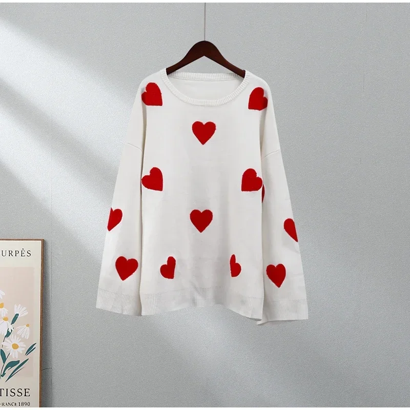 Harajuku Sweater Women American Fashion Embroidery Love Heart O Neck Knit Sweater Streetwear Oversized Pullover Lovers Sweater