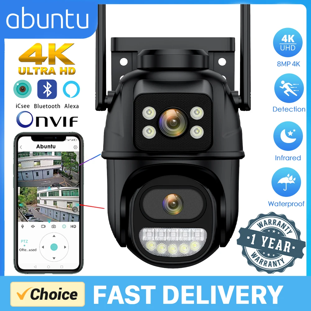 Abuntu 8Mp 4K Wifi Ptz Camera Dual Lens Video Sruveillance Camera Outdoor Ip66 Impermeabile 30M Night Vison Telecamera Di Sicurezza Icsee