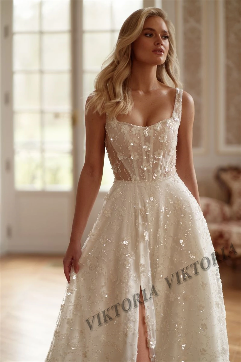 sparkly beaded wedding dresses Sparkling Beaded Wedding Dress with Sheer Long Sleeves – loveangeldress main image 0