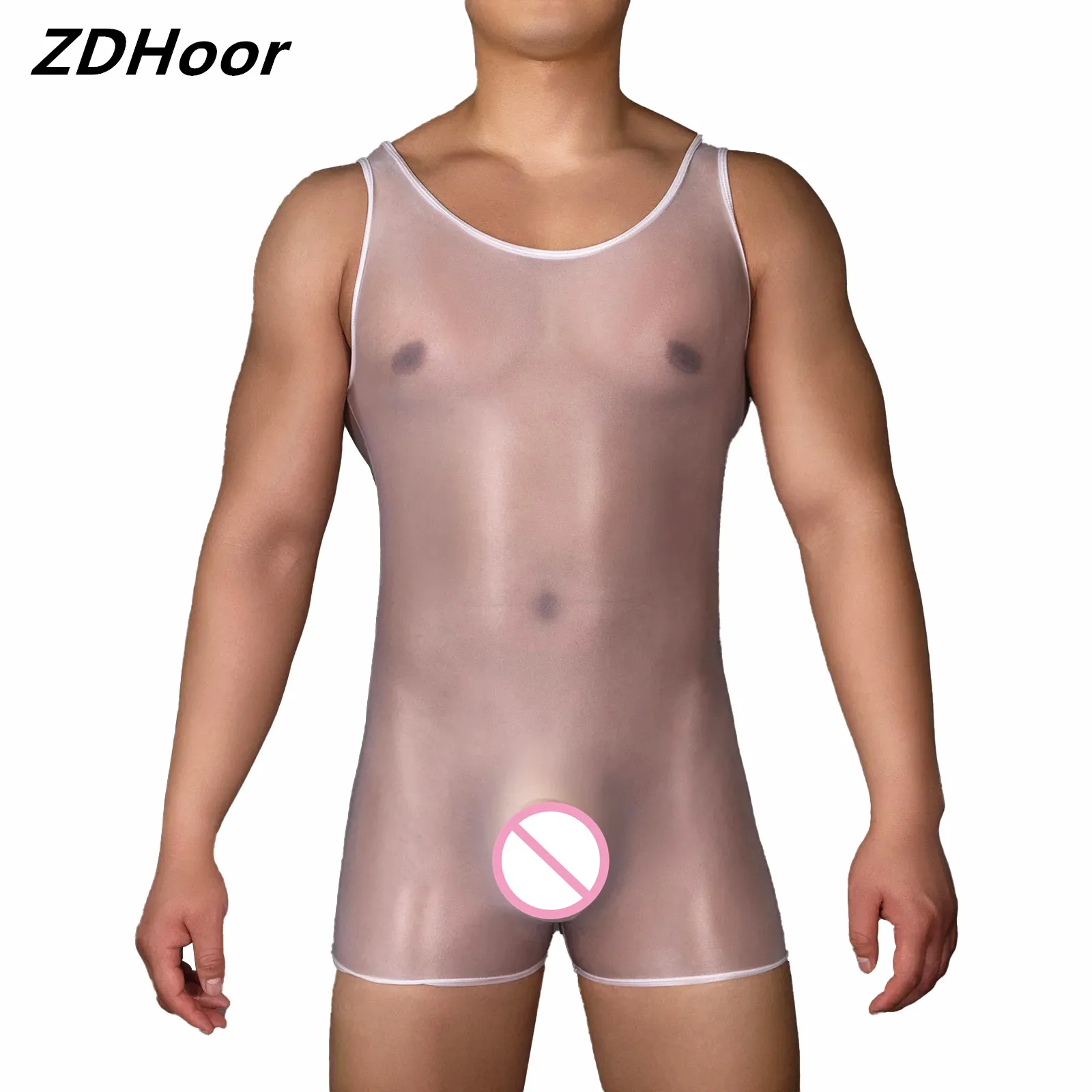 

Men Lingerie Glossy Sheer Bodysuit Sleeveless U Back Jockstrap Leotard Jumpsuit Underwear