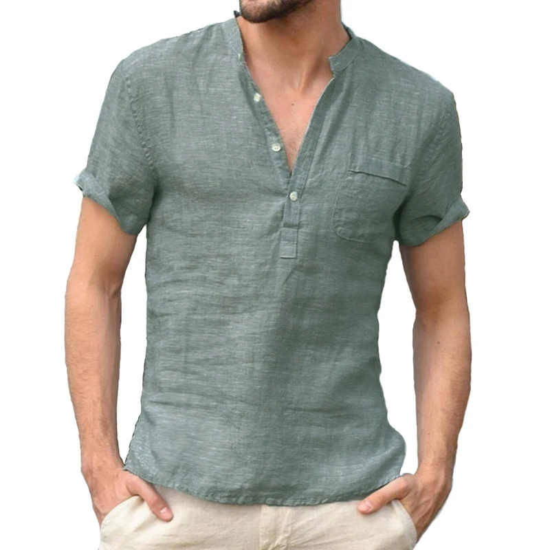 

New Fashion Cotton Linen Casual Shirts Men's Dress Clothes Male Short Sleeve V-Collar Breathable Men's Tee