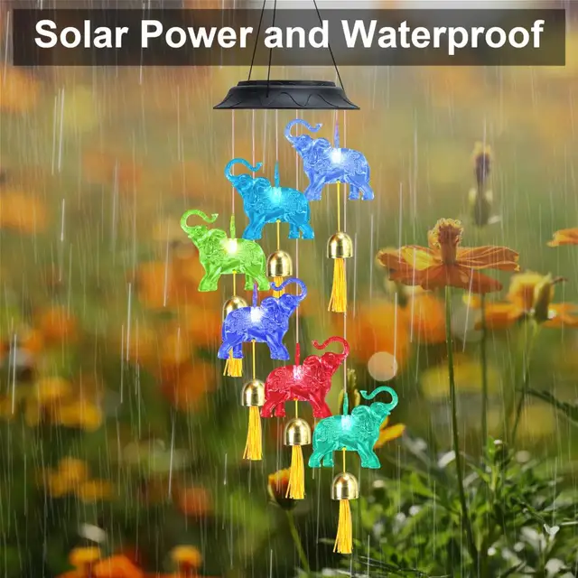Solar Elephant Wind Chiend Vízálló Led Színváltó Mobil Fény Kültéri Dekoráció A Kerti Terasz Udvarához - Image 3