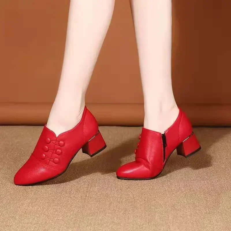 Women's Boots 2025 New Casual Leather Shoes for Women Comfort Office Low Boots Pointed Toe Ladies High Heels Red Wedding Shoes - 5
