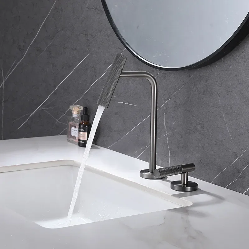 Description Picture 4 of itemGray Basin faucet Bathroom two holes Widespread Brushed Gold sink tap 360 rotating widespread Black