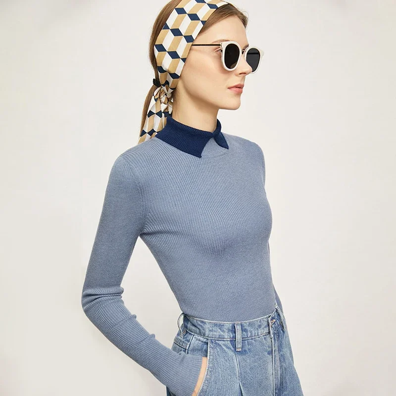 AMII Minimalist Color Contrast Sweater for Women 2024 Autumn