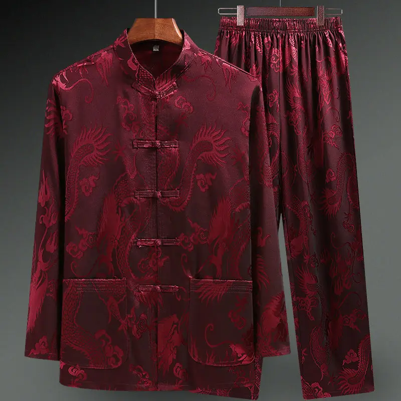 Men Silk Satin Shirt Chinese Traditional Tang Suit Smooth Men Dragon Print Shirt Business Chemise Homme Casual Kong Fu Shirts chinese men hanfu top