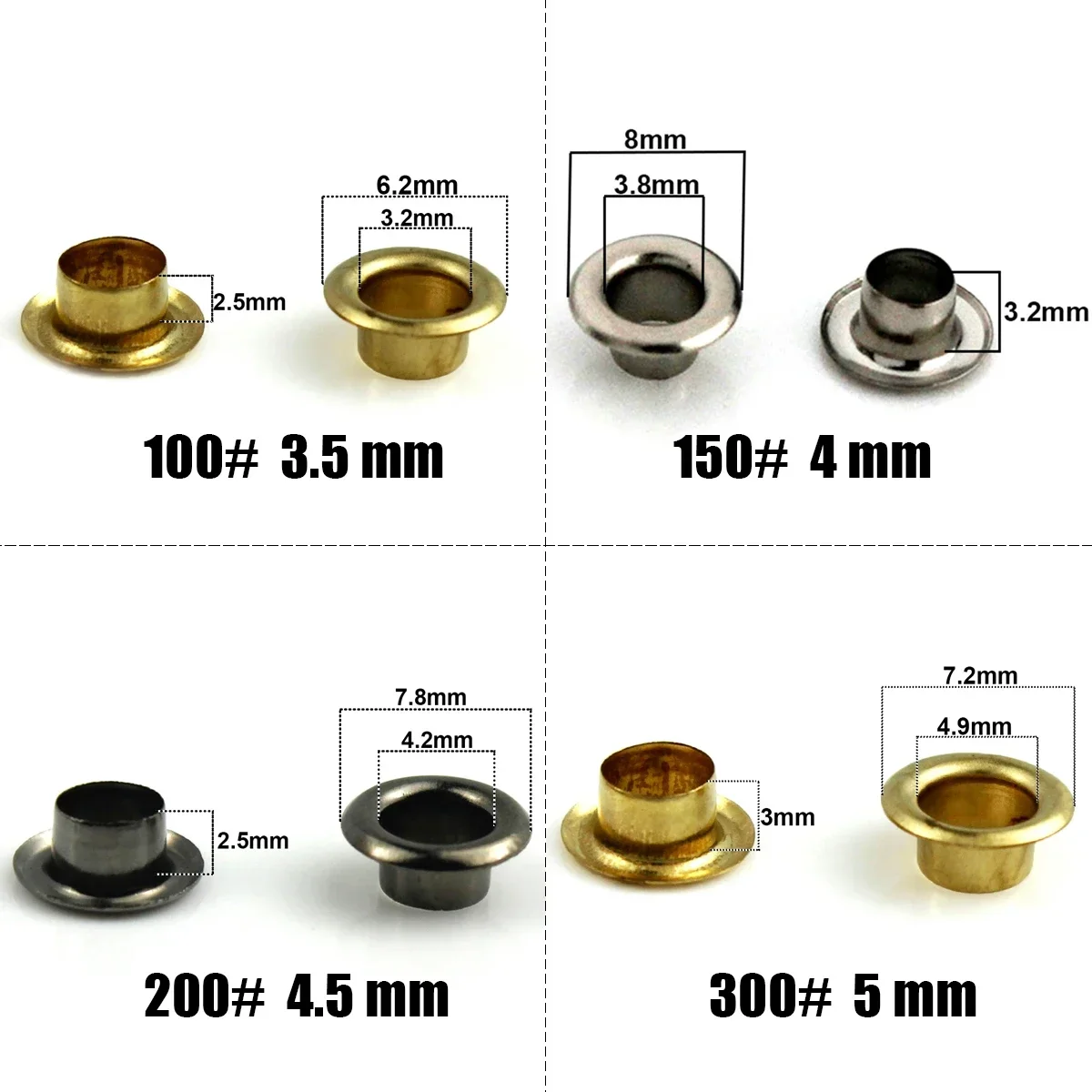 Eyelet Grommet Ring Kit Brass Eyelets with Washers 100#200#300# for Scrapbooking Shoes Belt Cap Bag Tags Clothes 100sets