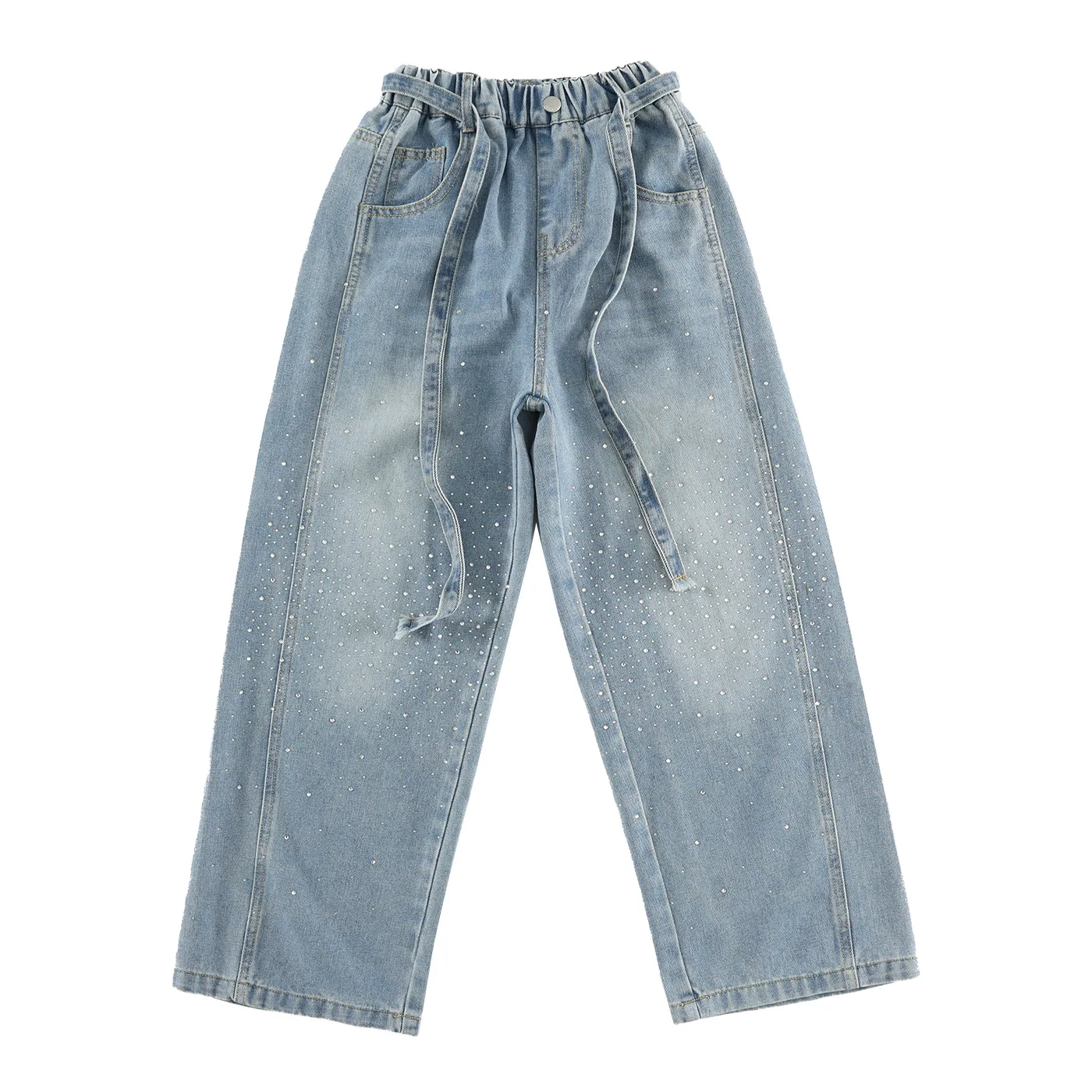 키즈 소녀 스타일리쉬 루즈 스트레이트 청바지 별빛 하늘 다이아몬드 아동용 편안한 핏 바지 봄 가을 데님 팬츠 십대용
