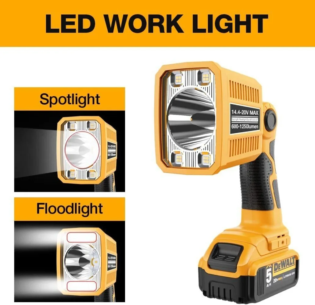 

Led Work Light Floodlight Spotlight JobSite Light Camping Light 18W 1250LM Flashlight for Dewalt 20v MAX DCB205 Battery Outdoor
