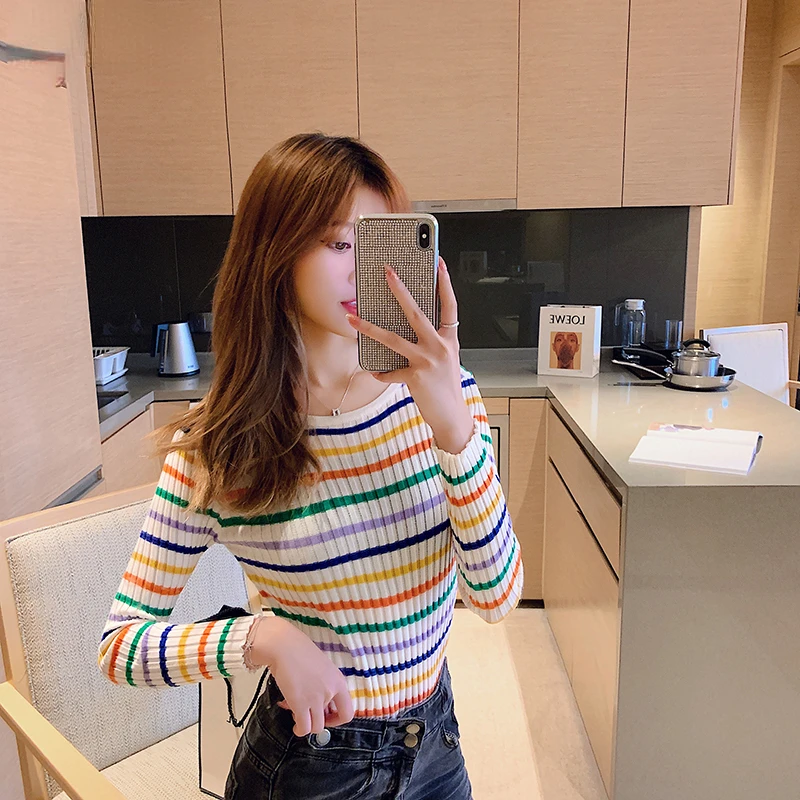 

Autumn Colorful Striped Sweater For Women Fashion Korean Bottoming Shirt Slim O-neck Lady Sweaters Spell Color Knitwear