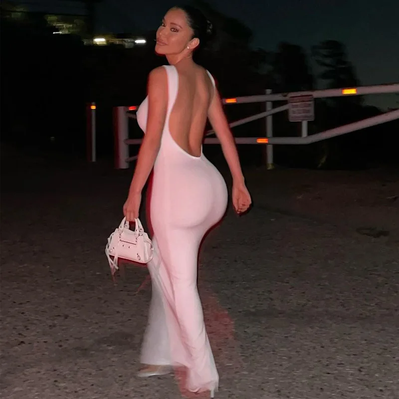 New Sleeveless Big Halter Round Neck Slim Temperament Dress Sleeveless Split Sexy Hip Long Dress Solid Color Evening Dress