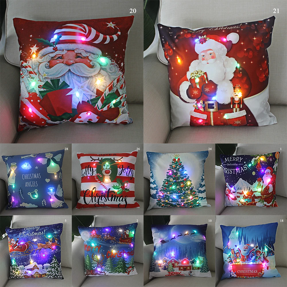 

LED Christmas Cushion Cover Merry Santa Claus Lights Pillow Home Decor New Year Decoration