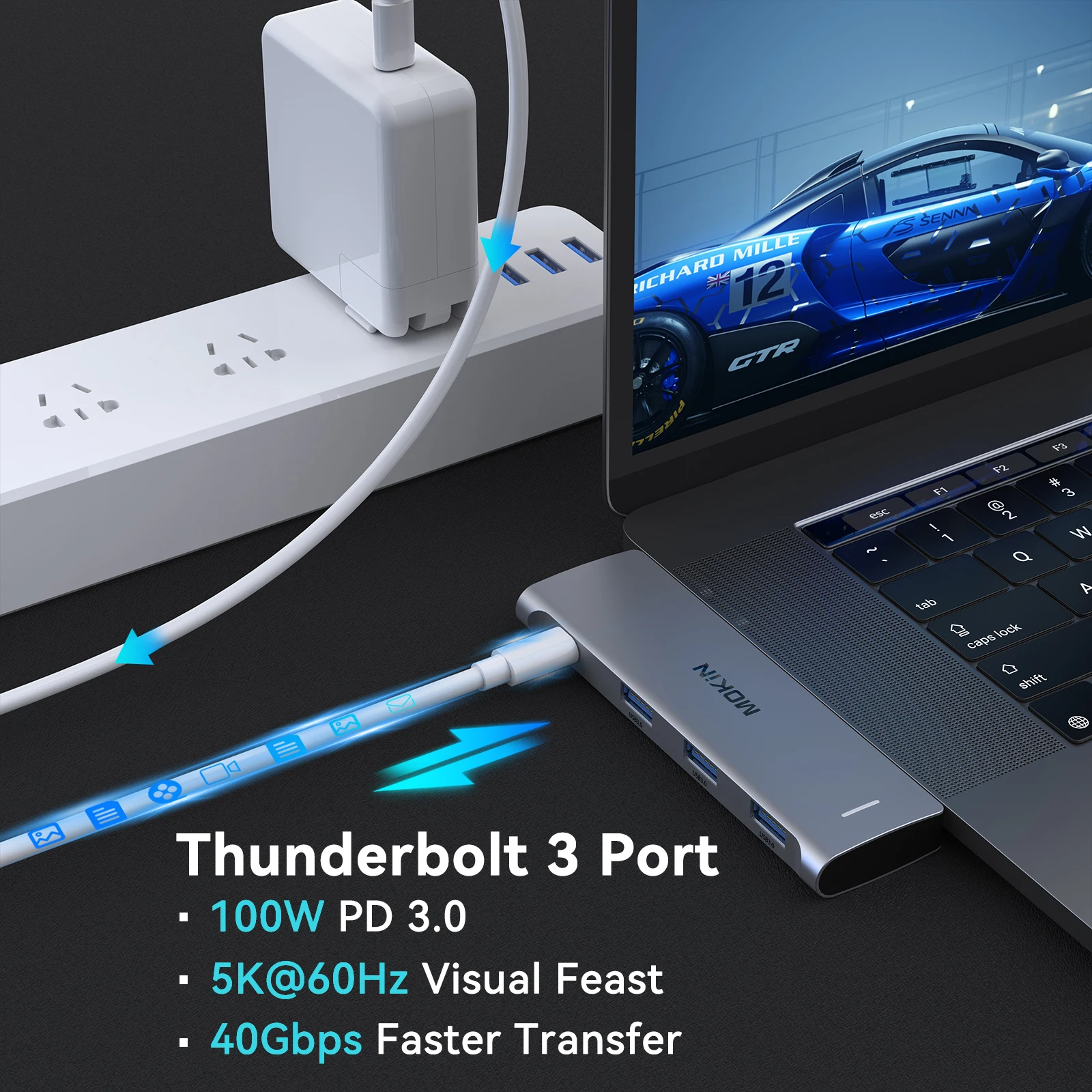 MOKiN USB 3.0 C타입 어댑터, 맥북 프로 에어용 도킹 스테이션, PC 액세서리, USB 허브, 4K, 30Hz, HDMI, Thunderbolt3, 5Gbps