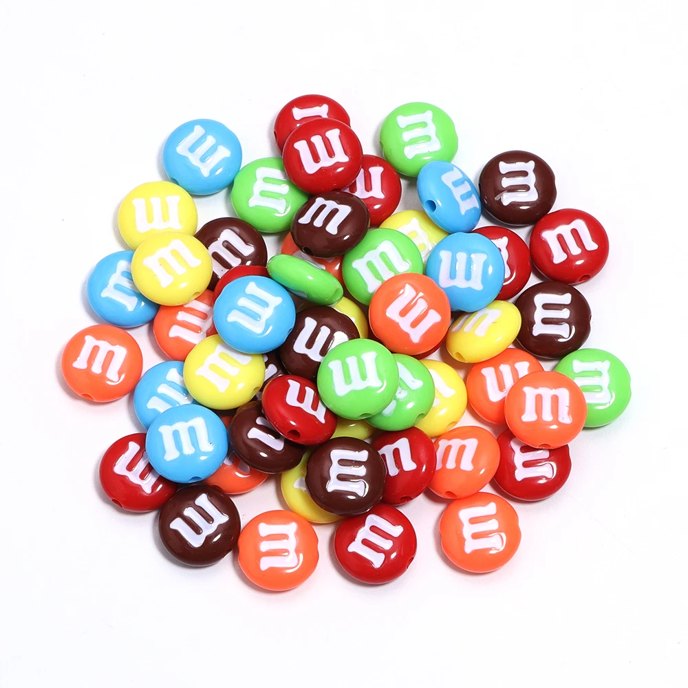 20pcs Acrylic M-bean Bead 14mm Colorful Flat Round Loose Beads for Jewelry Making DIY Bracelet Phone Chain Materials Accessories