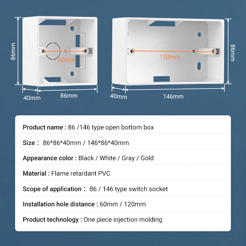 PSSRISE EU UK Standard 86/146Type Surface Mounting Box Wall Switch Socket Bottom Installation Box Back Junction 86*86mm switch box wall socket box electric distribution box
