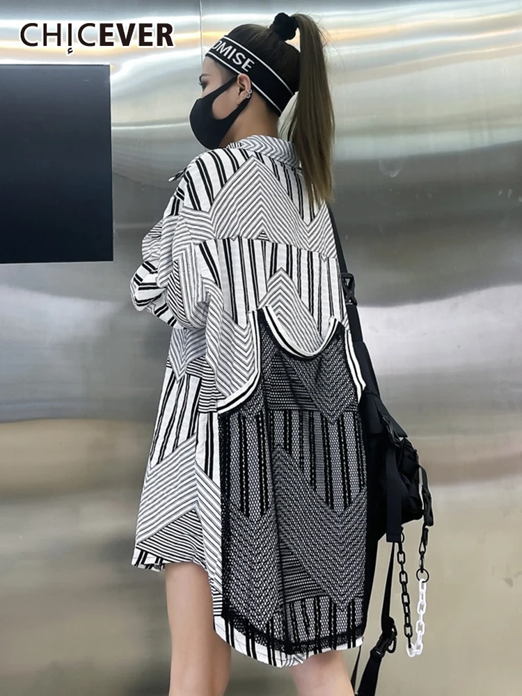 CHICEVER Striped Loose Casual Shirt For Women Lapel Long Sleeve Colorblock Irregular Hem Straight Blouse Female 2022 Spring New | Женская