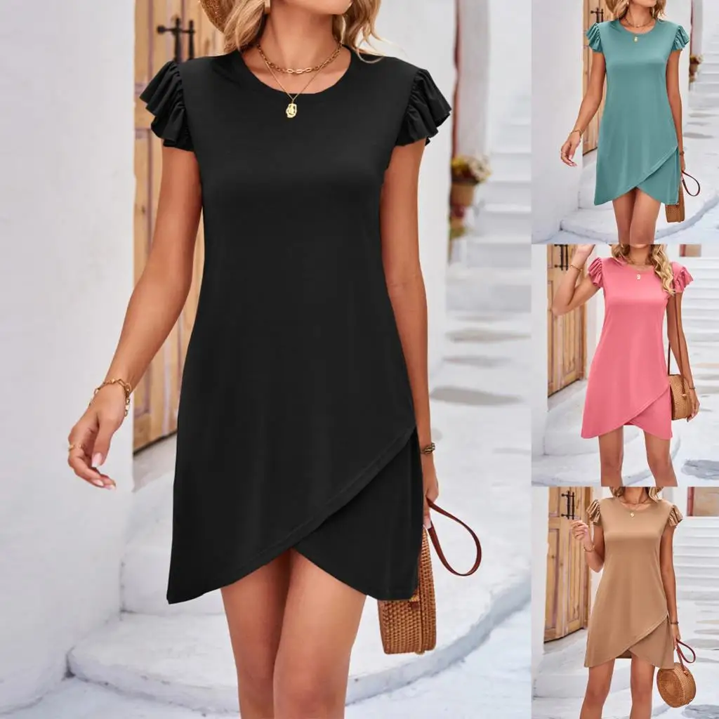 

Irregular Hem Cotton Summer Mini Dress Slim FitLadies Short Dress Ruffle Sleeve Elegant Style Solid Color Daily Outfit