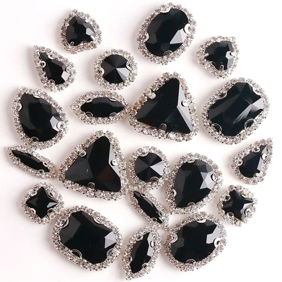 Sonnenblumenförmige Silber Schwarz Gold Champagner Krallen 10 Formen Mix Glaskristall Schwarz mit Strass-Kette zum Aufnähen DIY-Besatz
