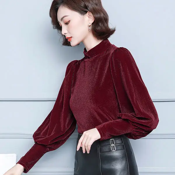 

High Quality 2023 Women T-shirt Solid Color Female Autumn Neck Pleuche Clothes Casual Fashion Blouses Grace Meeting B291
