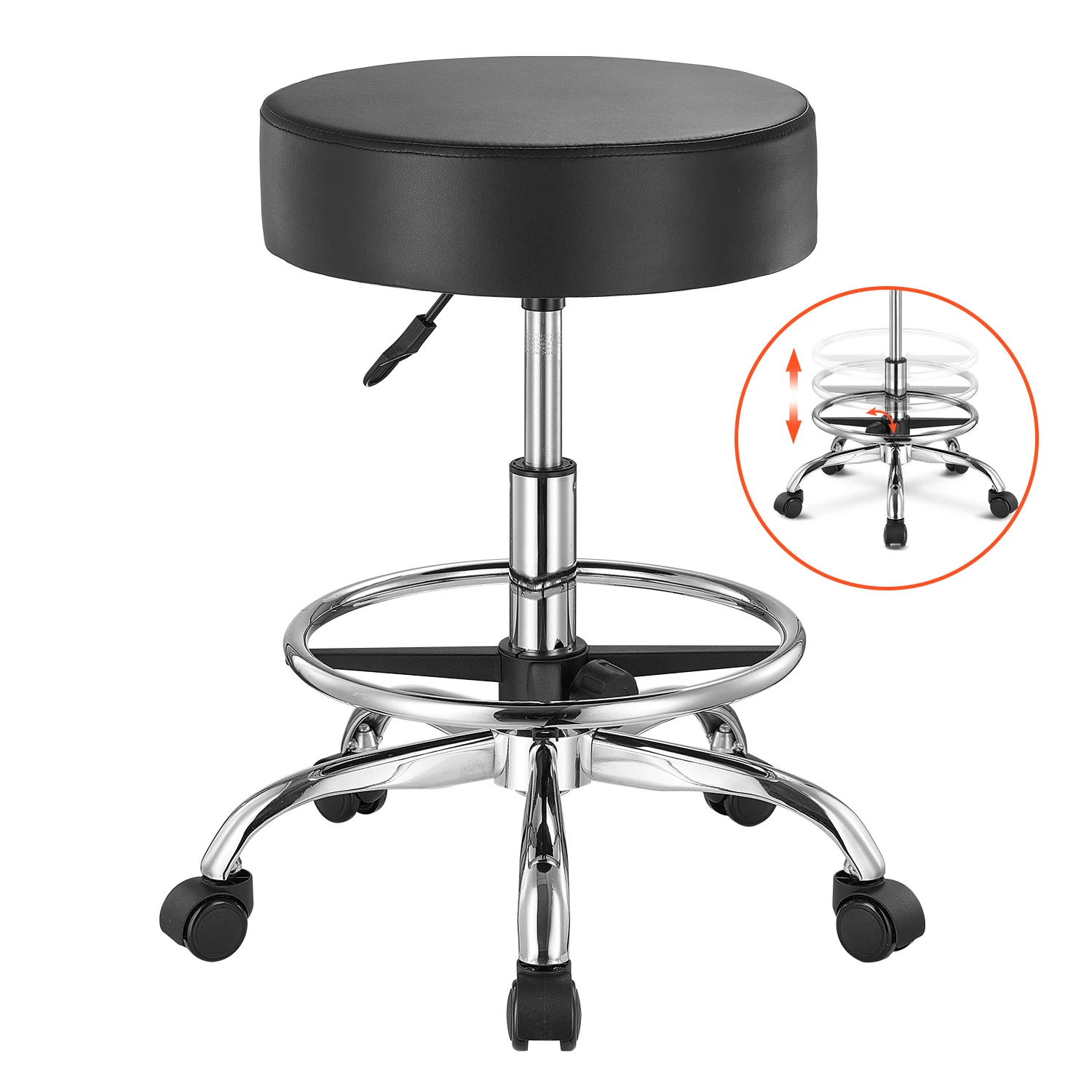 SucceBuy Rolling Stool w/ Wheels 450LBS Weight Capacity Round Rolling Stool Chair Height Adjustable for Salon Spa Tattoo Clinic