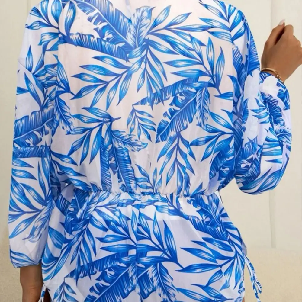 Halter Neck Strap Bikini Sets Print Drawstring Side Long Sleeve Bathing Suit Push-up Bra 3 Pieces Set 3 Pieces Halter Bikini