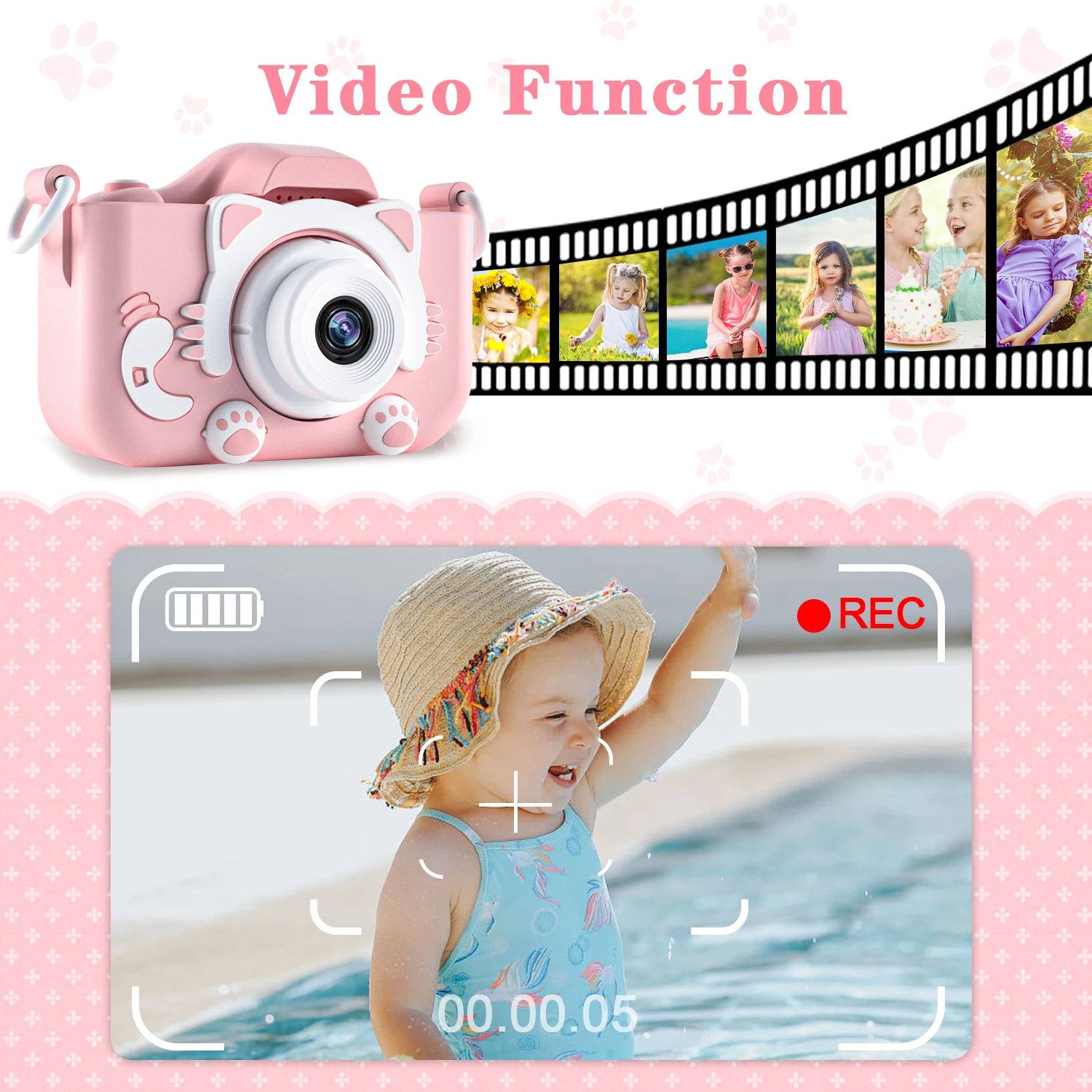 귀여운 고양이 어린이 카메라, 32G 카드 실리콘 케이스, 듀얼 카메라, 어린이 사진, HD 비디오 카메라 장난감, 축제 선물
