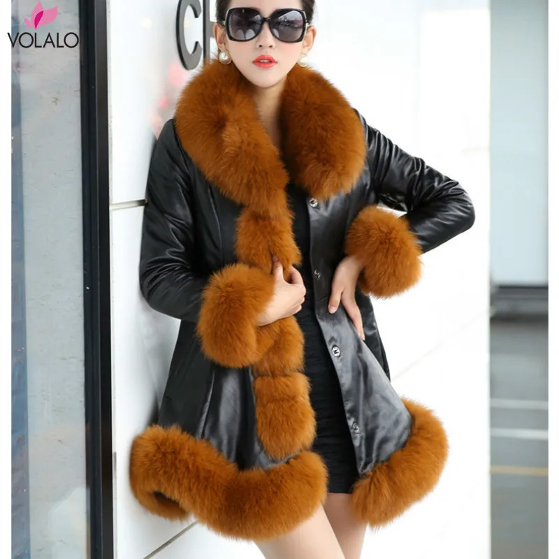 

VOLALO Thick Winter Coat Women's Leather Jacket Female Jaqueta De Couro Feminina Faux Fox Fur Collar PU Leather Jackets S-6XL