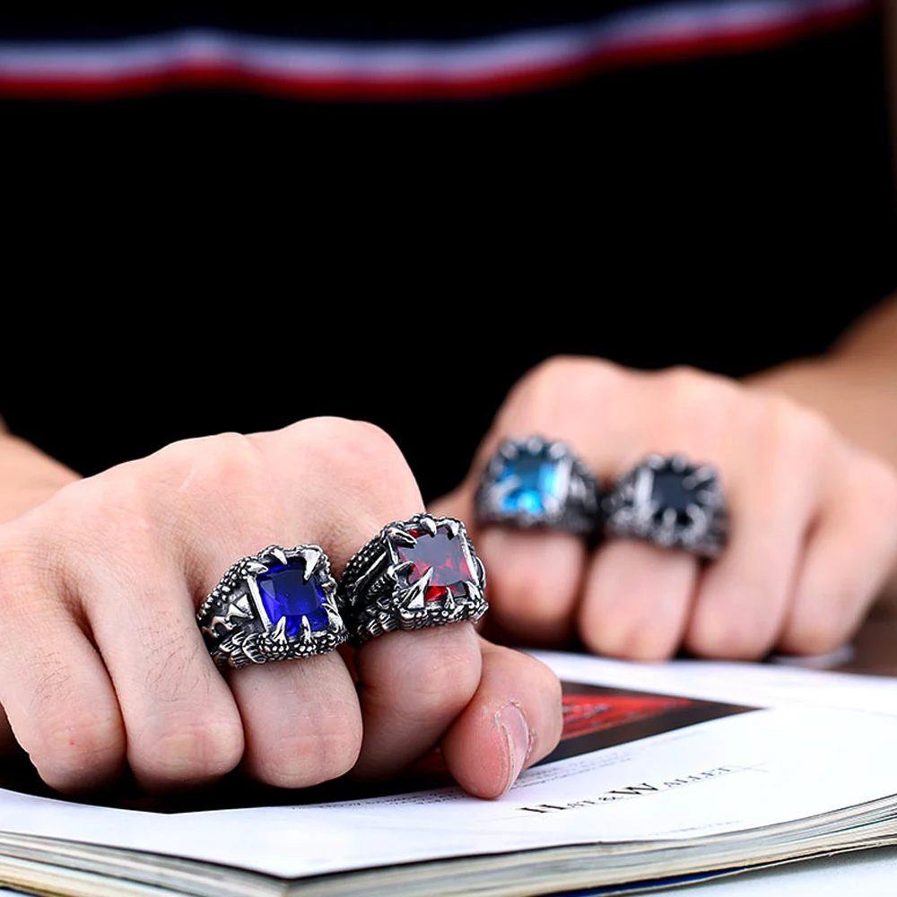 Blue Stone Dragon Ring Retro Dragon Claw Blue Black Red Stone Ring