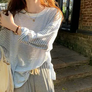 Abbigliamento donna T-shirt casual Estate 2025 T-shirt casual con protezione solare a righe larghe stile coreano a maniche lunghe