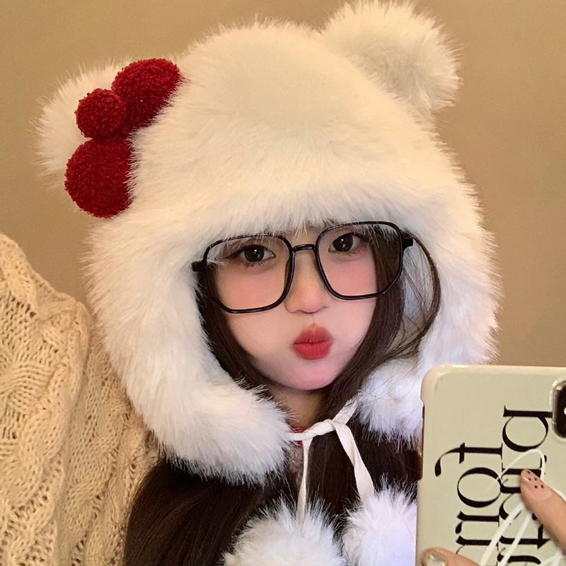 Winter Hat Cat Ear Cap For Cold Weather Bowknot Plush Hat For Girls Furry Women Windproof Ear Flap Hat Outdoor Activity Casual Hats