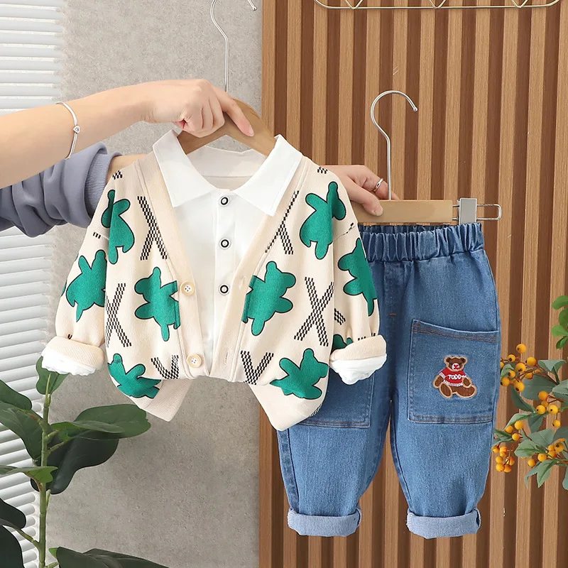 

Spring Autumn Baby Boy Clothes Luxury Designer Cartoon Single Breasted Cardigan Coat + Shirts + Jeans Boys Infant Clothing Sets