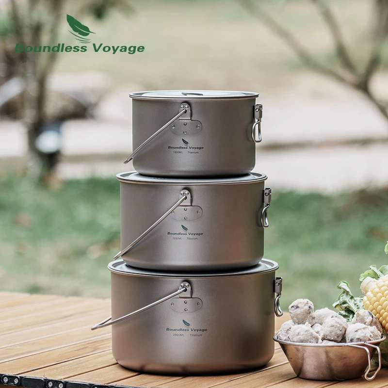 Camping Titanium Hanging Pot with Handle Picnic Hiking Big Capacity Kettle Cookware 1.3L 1.9L 2.9L