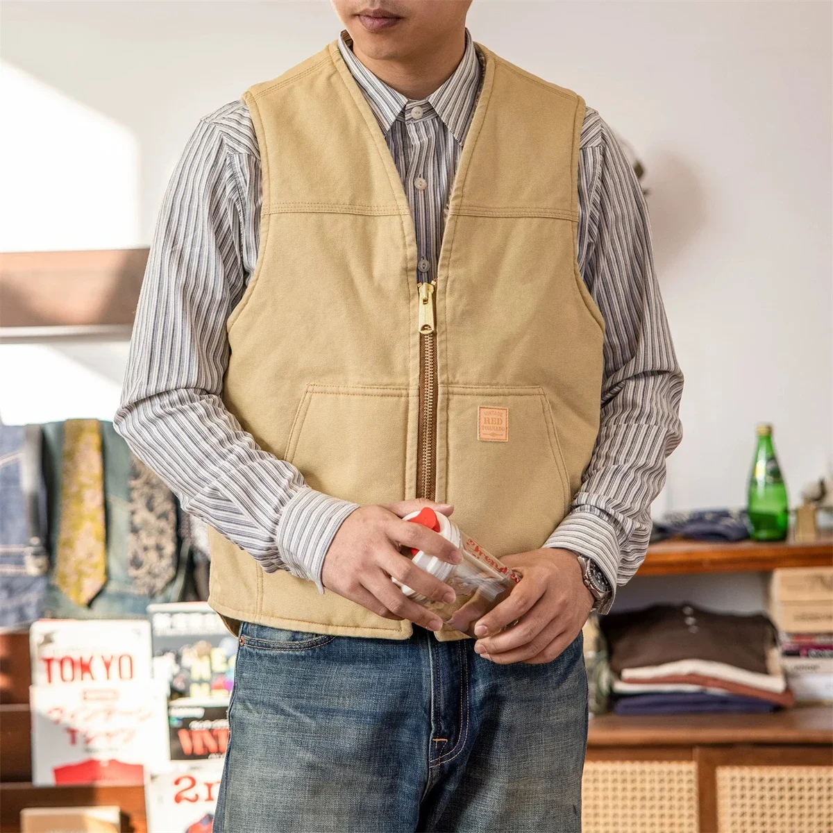 Red Tornado Washed Duck Sherpa Lined Work Vest Vintage Fashion Relaxed Fit Zip Waistcoat 3