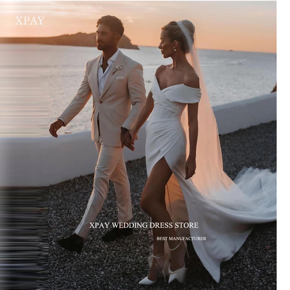 

XPAY Sexy Off the Shoulder Mermaid Beach Wedding Dresses High Split Stretch Long Train Korea Photo shoot Bridal Gowns Long Veil