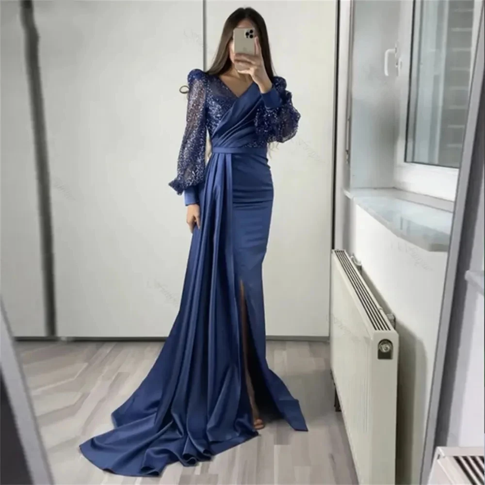 

Черное атласное платье-Русалка для выпускного вечера 2024 с длинным рукавом и V-образным вырезом, блестящее вечернее платье с блестками на заказ, женское платье, платья