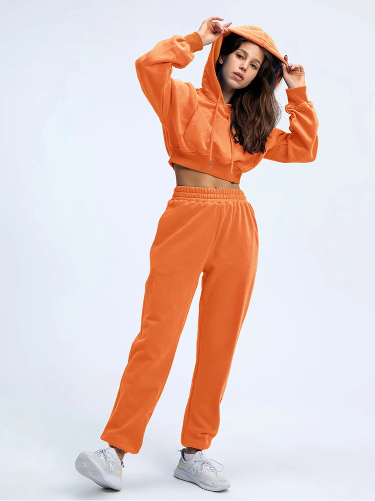 Women Solid Bright Colors Athflow Style Crop Hoodie Two Piece Suit Fashion Athleisure Bare Midriff Sweatshirt Pant Outfits Set plus size suit sets