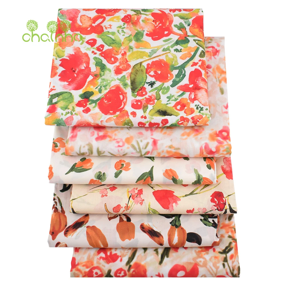 Chainho,Printed Plain Weave Poplin Cotton Fabric,DIY Quilting Sewing Material,Patchwork Cloth,Floral Series,3 Sizes,15PC152