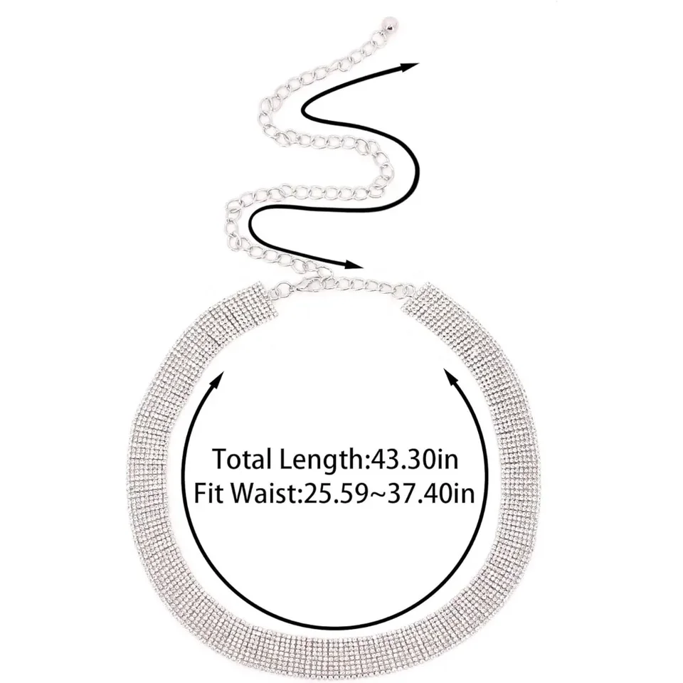 Cintura Donna Glitterata Con Strass E Nappa – Argento Brillantini, Lunghezza 112 Cm, Catena In Lega Di Zinco Per Abiti Da Sera, Matrimoni E Feste