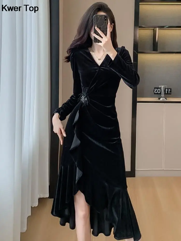 

Женское бархатное платье миди с длинным рукавом, элегантное черное офисное платье с разрезом и оборками, модная одежда для весны и осени