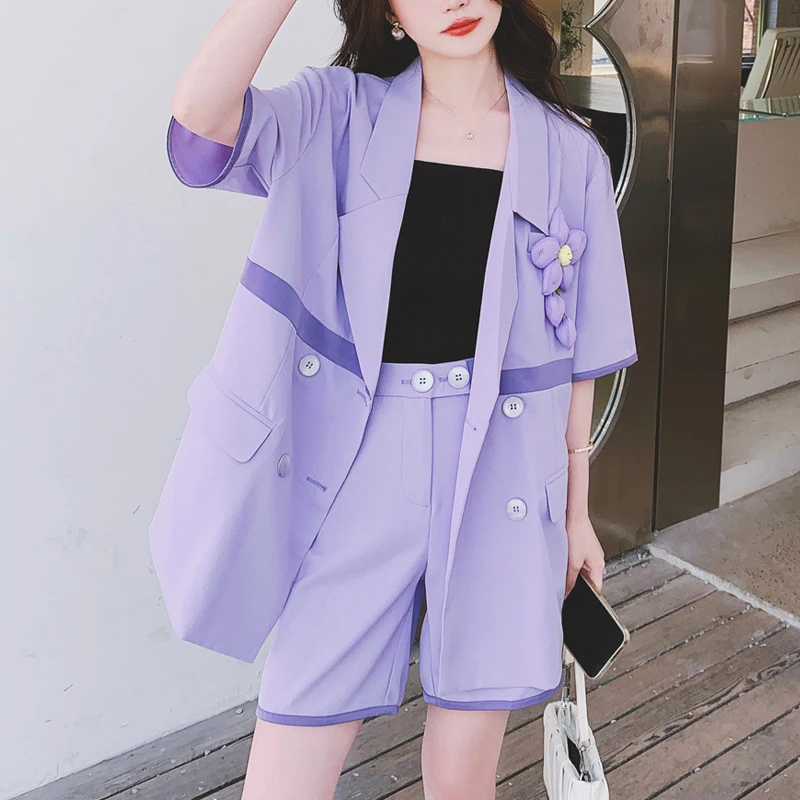 

Summer Fashion Sets Women New Casual Office Loose Two Pieces Short Sleeve Double Breasted Blazer and High Waist Short Suits