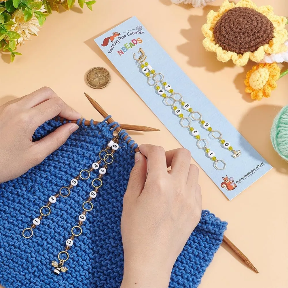 2 Pcs 2 Styles Bee Knitting Row Counter Chains Acrylic Number Stitch Markers Glass Beaded Crochet Stitch Marker Charms