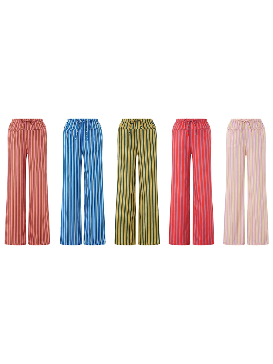Women Baggy Pants Drawstring Waist Wide Leg Striped Pants Multiple Pockets Trousers
