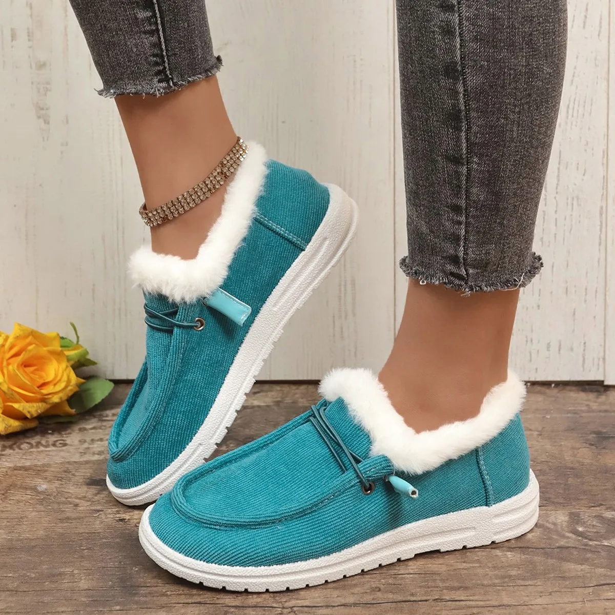 Aphixta Furry Warm Flats Shoes Women Cotton Fabric Blue Loafers Shoes Woman Flat With Student Footwear Size 43