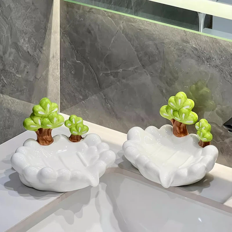 Creative Ceramic Draining Soap Box Light luxury leaf Shaped Soap Dishes, Home Hotel Bathroom Kitchen Supplies, Storage Rack, 1Pc