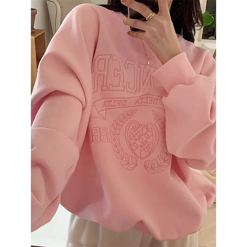 Chic Autumn Winter Fce Lined Long Sve Crew Ne Casual Loose Fit Embroidered Sweatirt Versatile Age Defng Top