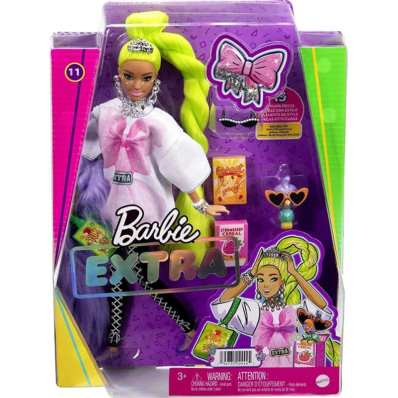 

Barbie Extra Fashion Doll #11 and Accessories with Neon Green Hair Pet Parrot Feather Boa Collection Doll Toy Gift HDJ44