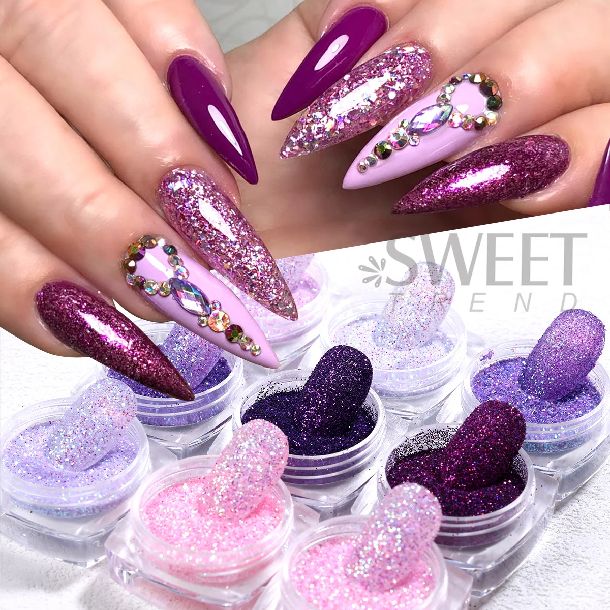 12pcs Elegant Purple Pink Nail Glitter Powder Mixed Sugar Candy Pigment Hexagon Heart Irregular Flake DIY  Manicure Decor Sequin