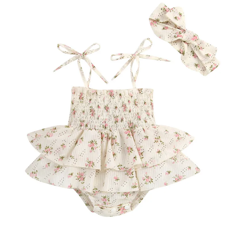 

Newborn Baby Girl Bodysuit Summer Clothes 2023 Floral Elasticated Bust Sleeveless Ruffled Jumpsuit with Bow Headband Baby Items