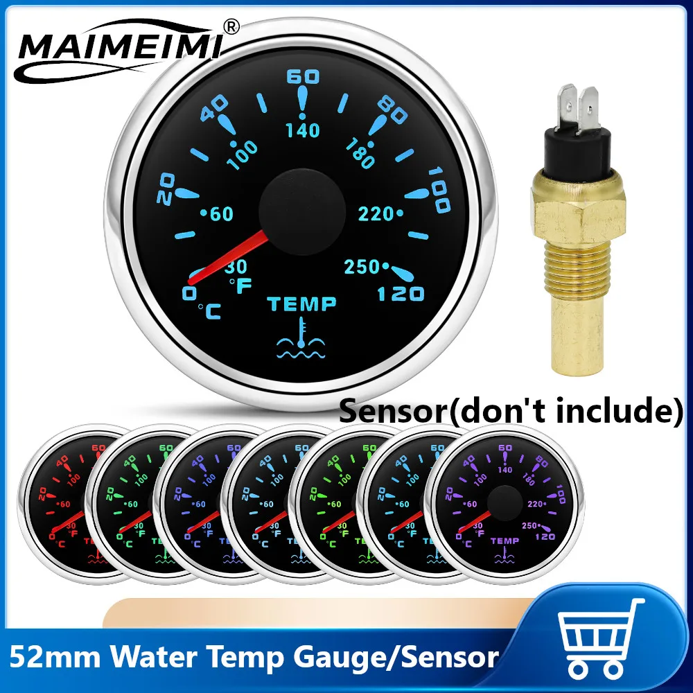 7색 백라이트 52MM 수온계 0120 ℃   수온 센서 1/8NPT 3/8NPT M14 M16 해양 보트 자동차 트럭용 12V/24V