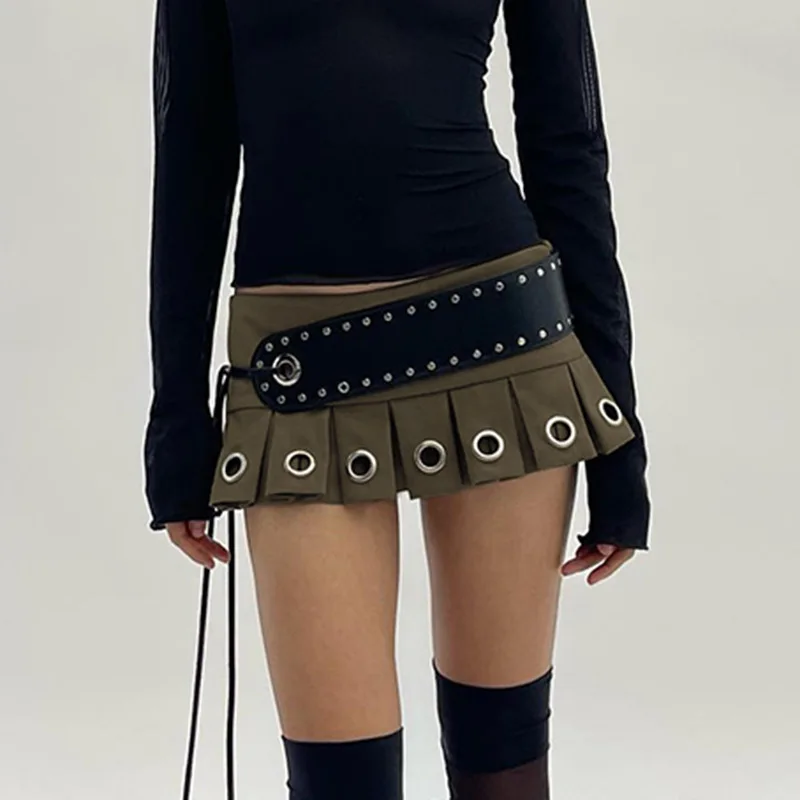 

HOUZHOU Mini Pleated Skirt Women 2023 Summer Vintage Y2k Streetwear Rivet Belt Punk Low Waist Sexy A-line Cargo Skirt Gyaru